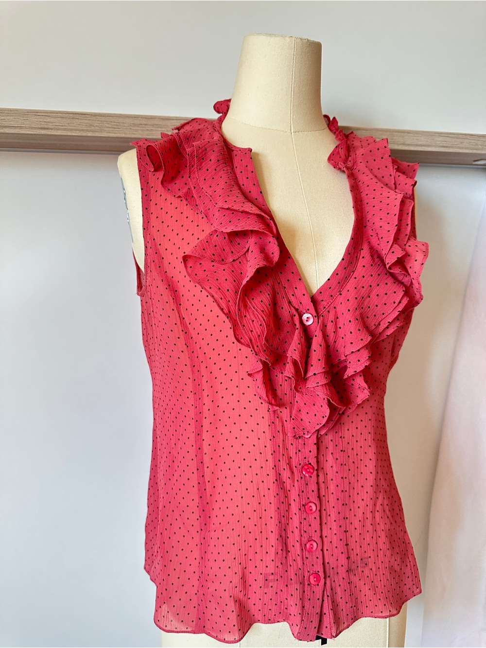 Nanette Lepore 100% Silk Pink Polka Dot Blouse Coral Pink with Black Dots